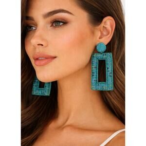 Kay Lee Blue Beaded Rectangle Earrings New